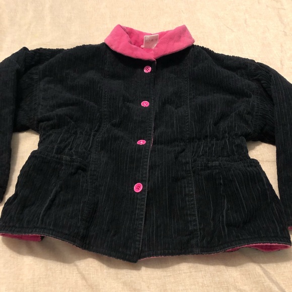 Girls Black/Pink Corduroy Botton Down Jacket with 2 Front Pockets Size 7/8 - Picture 2 of 12